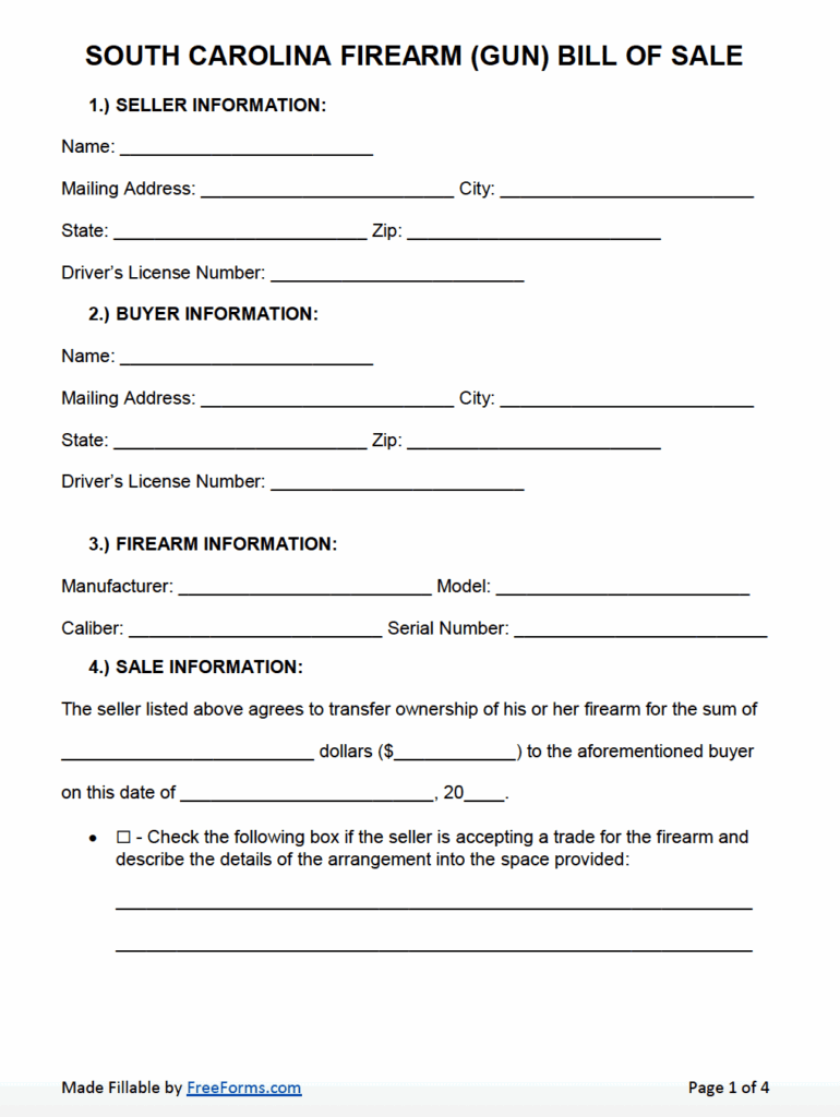 Free South Carolina Firearm Gun Bill Of Sale Form PDF Word