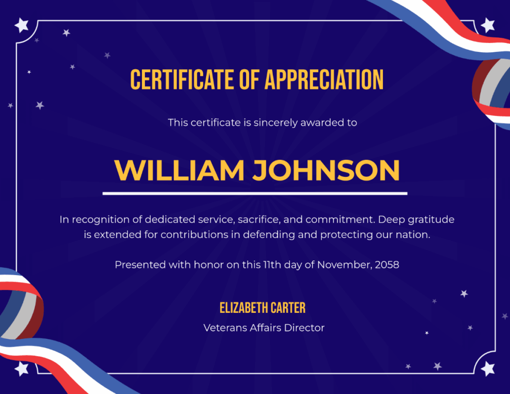 Free Veterans Day Appreciation Certificate Template To Edit Online