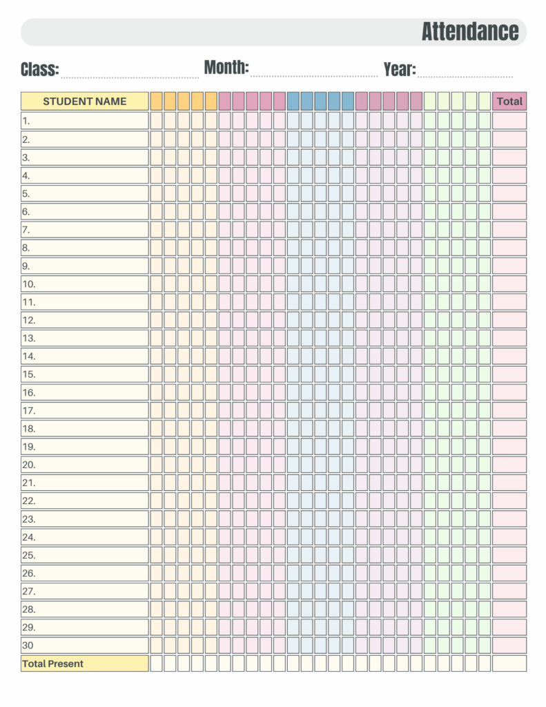 Monthly Attendance Sheet FREE Printable