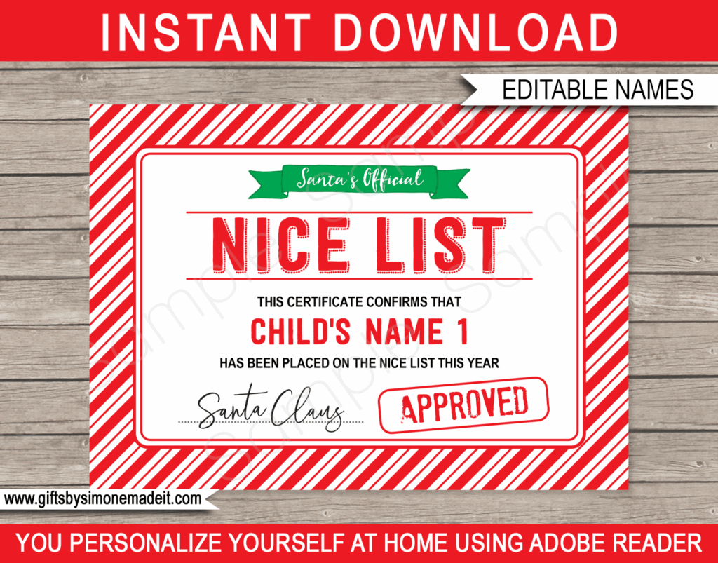 Santa s Nice List Certificate Template Approved By Santa Claus